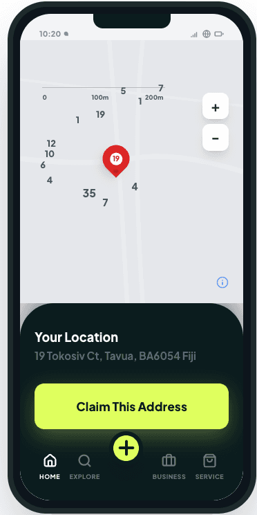 Remaply app showing a map with location pin and address claiming feature
